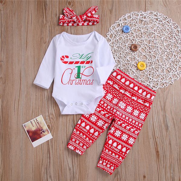 

christmas girl kids clothes set christmas crutch letter long sleeves jumpsuits+snowflake trousers+headcloth 3 pieces sets ajy644, White