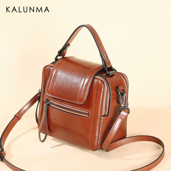 

leather small square bag new women's handbag oil wax retro ladies shoulder messenger bag leather tassel fashion simple handbag
