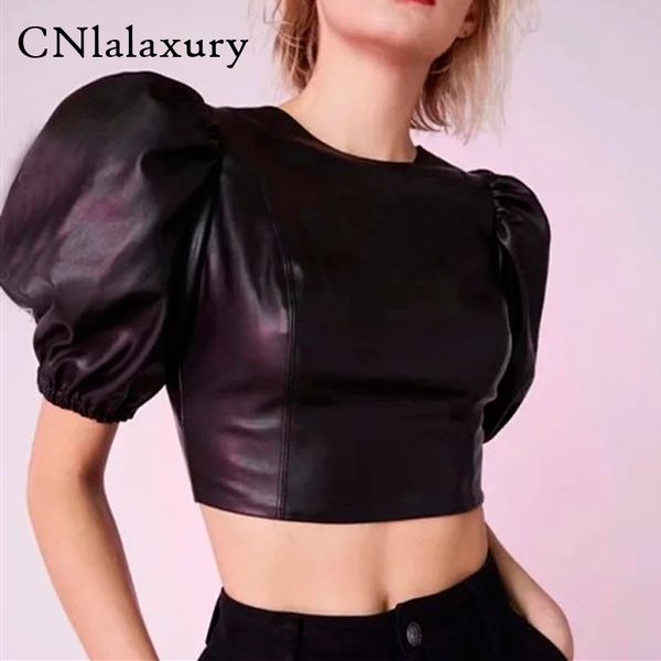 

faux женщин кожа pu puff рукавом блузки рубашки женские летние элегантный backless sexy короткие топы дамы blusas mujer де moda 2020, White