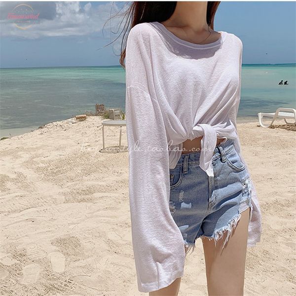 

micro through split loose t shirt new long spring solid slim fit tee women casual long sleeve tshirt female girls, White