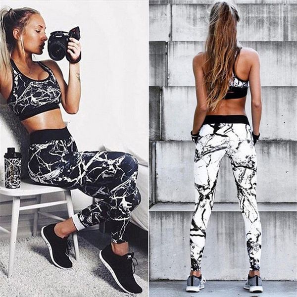 

womens active yoga suits fashion printing yoga set casual marble pattern sportswear new 2020 slim tracksuits leggings 2 styles, Gray