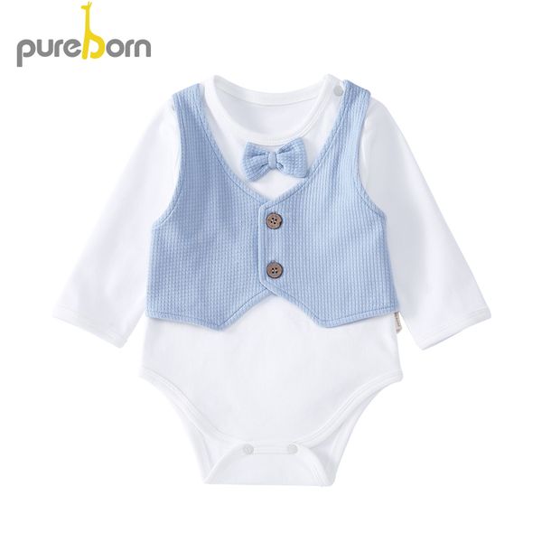 

pureborn newborn baby boy and girl bodysuit long sleeve gentleman christening baptism cotton princess all seasons onesie, Blue
