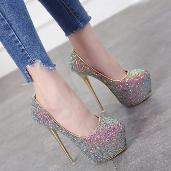 

2020 europe and the united states new patent leather shallow high heels fashion 16 cm banquet women's high heels, Black