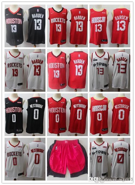 

mens houston rockets city edition 13 james harden 0 russell westbrook basketball shorts basketball jerseys red white black, Black;red