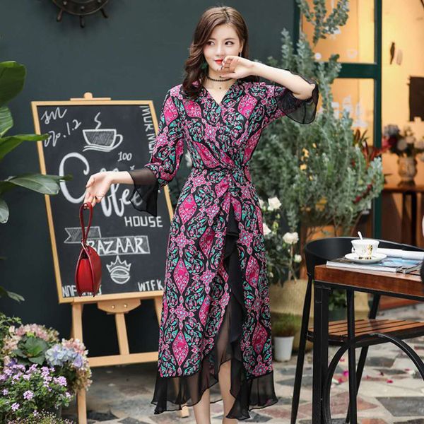 

womens designer dress slim split printed hong kong silk skirt3dsb, Black;gray