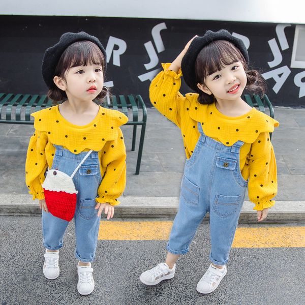 

baby girl casual clothing set outfits 2 pcs girls dots sweatshirt floral pullover jeans overall kids jumpsuit pants toddler, Black;blue