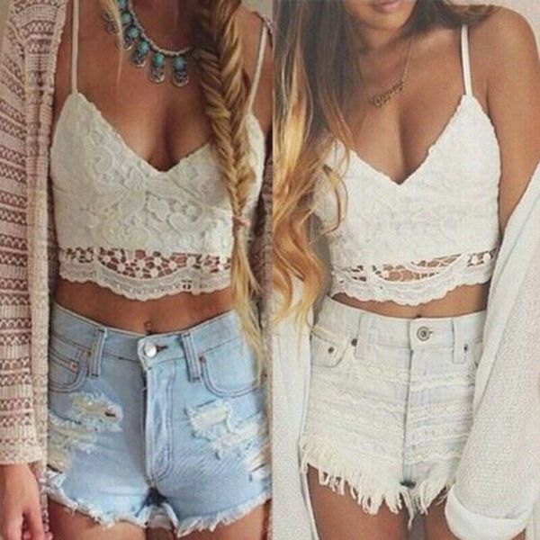 

fashion women ladies lace floral tank sleeveless strappy bra shaped wear tank vest summer short crop, White
