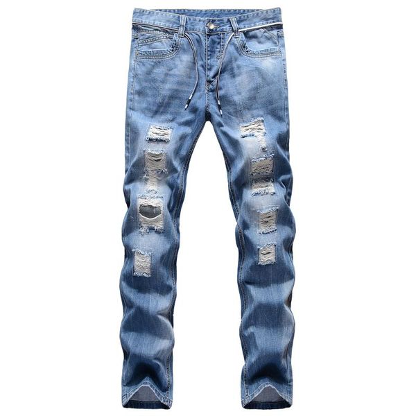 

hole jeans men patchwork bleached straight distressed washed denim full length coaboy ripped male jeans tide, Blue