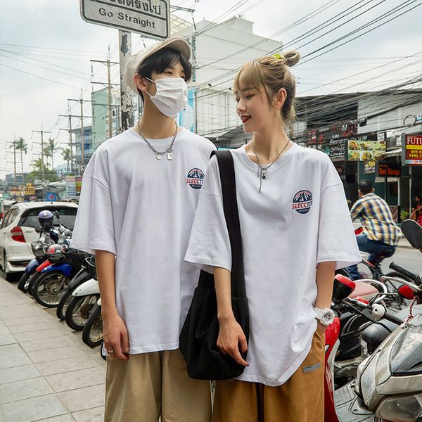 

summer short-sleeved t-shirt men korean trend loose ins lovers short-sleeve t-shirt printing wild round neck compassionate port wind, White;black