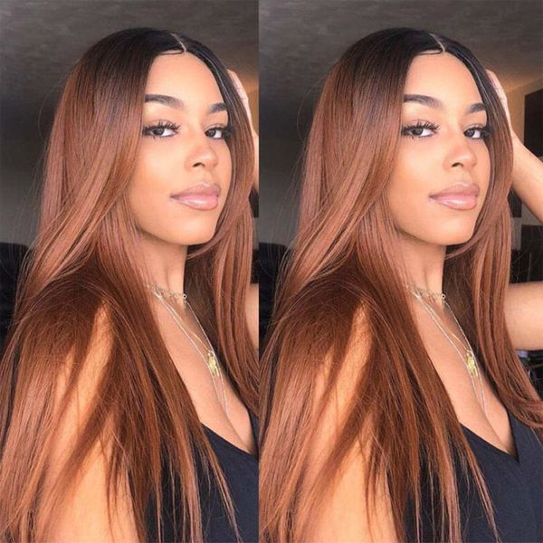Ombre Two Tone Silky Straight Lace Front Human Hair Wigs Peruvian