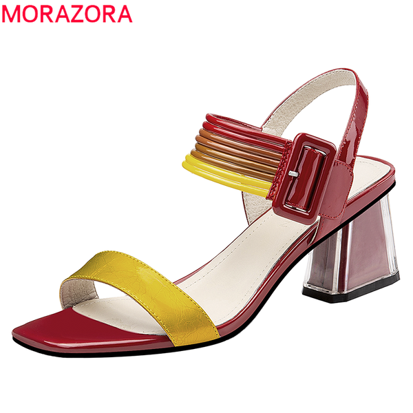 

morazora 2020 patent leather women sandals mixed colors buckle summer 6cm high heel sandals ladies party shoes, Black