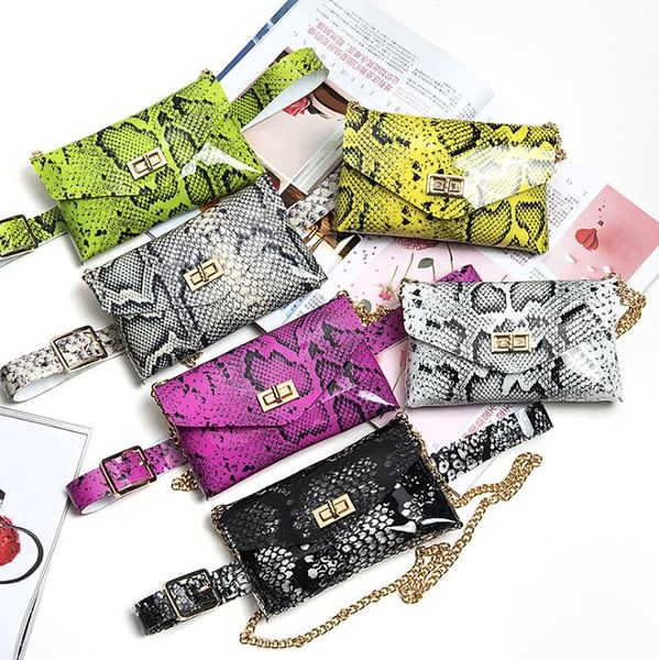 

the latest est ladies designer waist bag snake thin belt fashion chain bag pvc fluorescence mini mobile phone bag purse