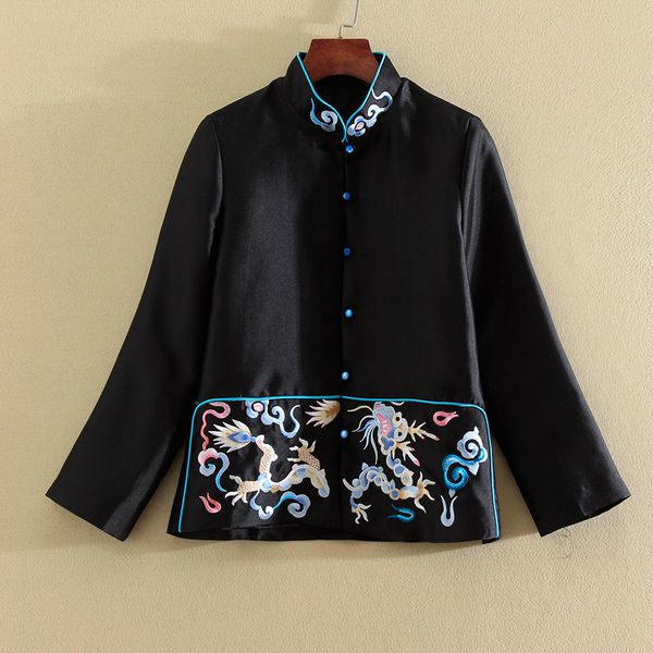 

embro mill new style autumn women jacket chinese style retro embroidery elegant loose lady coat female s-2xl, Black;brown