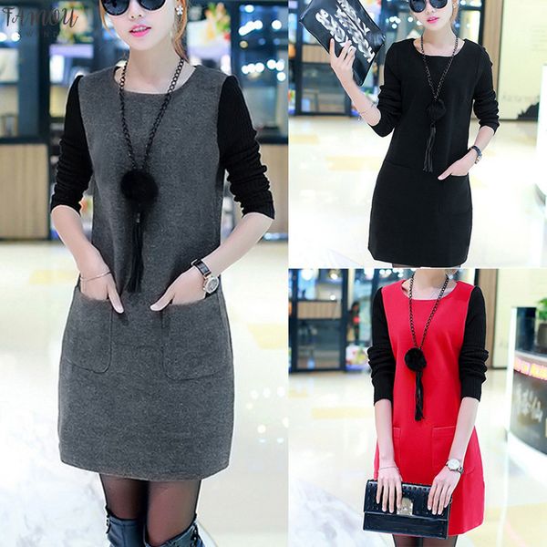 

women loose long sleeve splice pocket o-neck plus velvet padded dress 2020 solid plus size winter women mini dress mujer#20, Black;gray