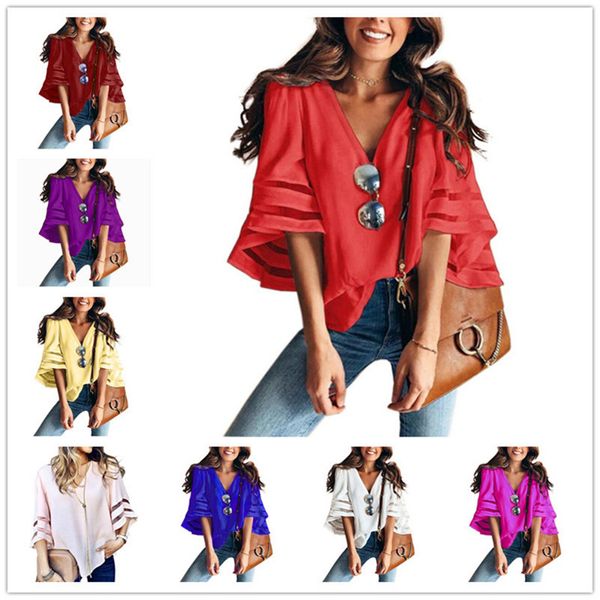 

women 3/4 flare sleeve tshirt chiffon blouse summer spring v neck loose t-shirt tee mesh stitch tunic t shirt clothes plus size e3606, White