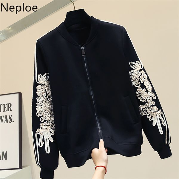 

neploe female hoodies jacket v-neck long sleeve flowers embroidery sweatshirt coat 2019 autumn winter space cotton 56716, Black