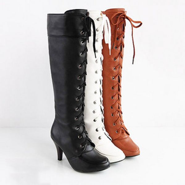 

cosplay boot new 2016 knee high 8cm high heels dance shoes brown black white motorcycle autumn women boots