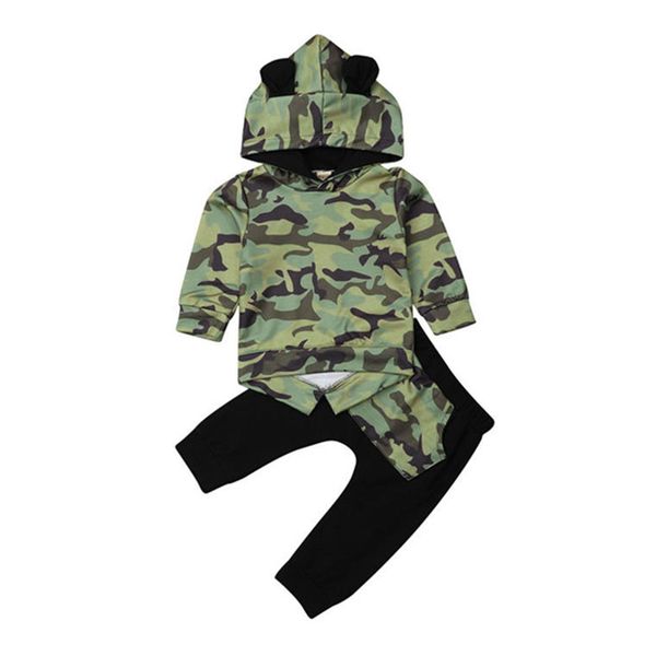 

newborn kid baby boy clothes set hooded ears camo long pants outfits clothes set, White