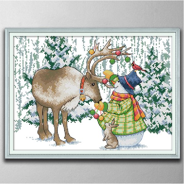 Elk e boneco de neve pinturas de decoração, feitos artesanais cruzar ferramentas de artesanato bordado bordado conjuntos de bordados contados Impressão em Canvas DMC 14CT / 11CT