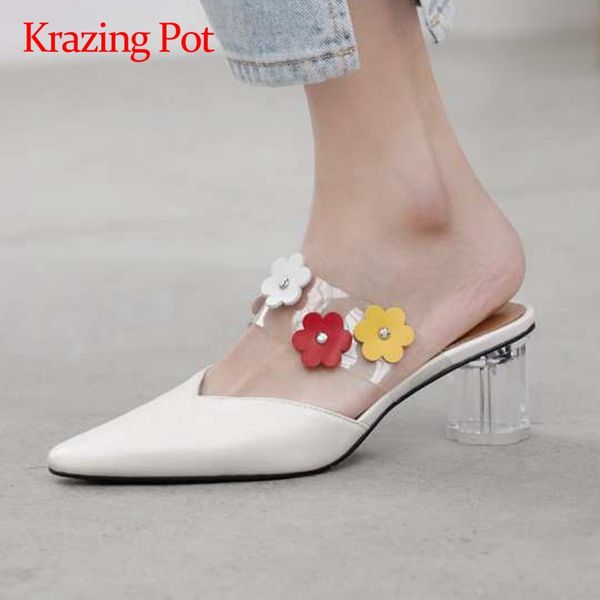 

krazing pot french romantic flowers appliques large size small square toe high crystal heel mules slip on women summer pumps l60, Black