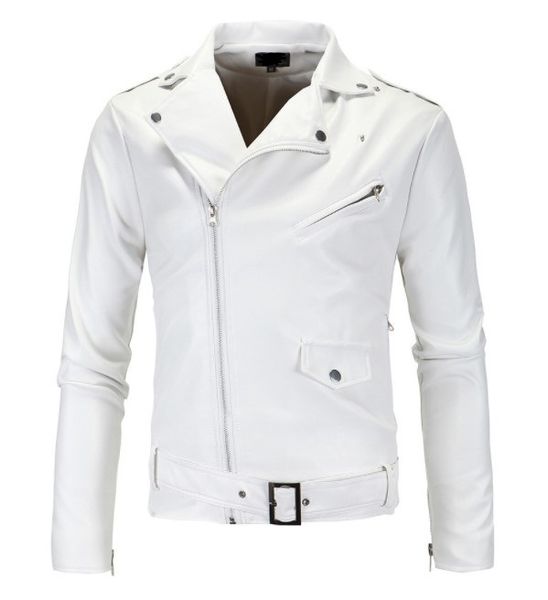 

selling men locomotive slim fit leather coat stand collar tailor oblique zipper white leather coat jacket py12, Black