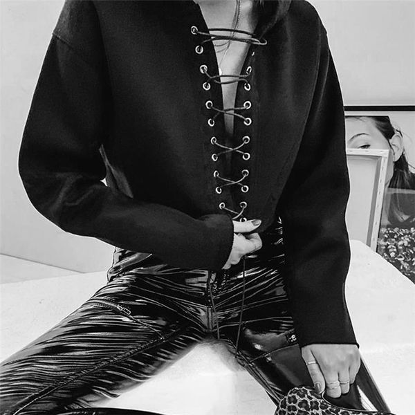 

lace up sweatshirt women gothic hooded long sleeve crop eyelet bandage harajuku black front open ladies hoodie sweatshirts