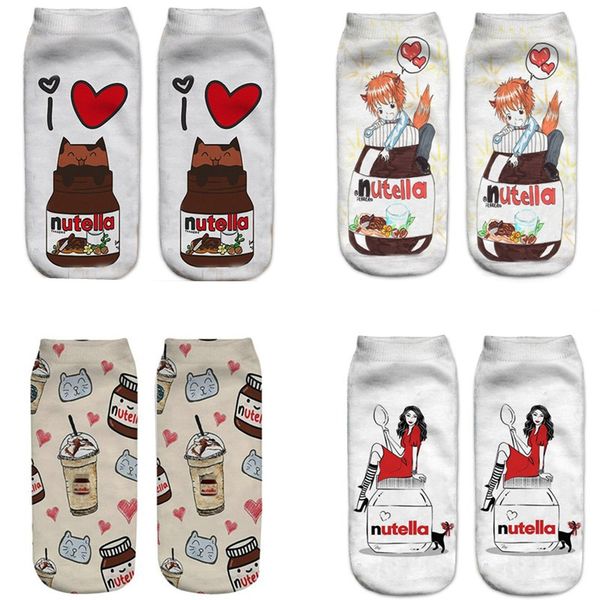 

new design 3d digital printing socks sports women's socks shallow boat socks nutella pattern sock, Black;white