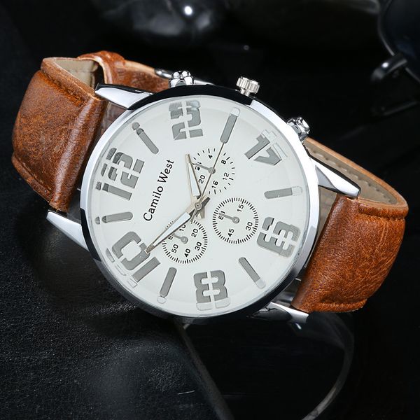 

men's watch trend outdoor sports quartz three-eye dial casual leather belt watches horloges mannen reloj hombre marca de lujo, Slivery;brown