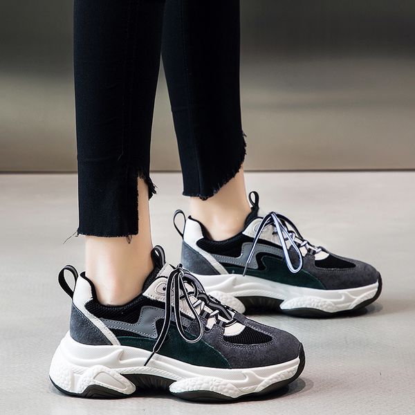 

dad shoes women's genuine leather sports ozhouzhan 2019 autumn and winter new style plus velvet versatile korean-style suction m, Black