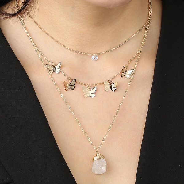 

european and american fashion personality exaggerated necklace butterfly tassel necklace creative retro metal multilayer clavicle chain, Silver