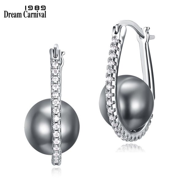 

dreamcarnival 1989 synthetic round grey pearl oval hoop rhodium earings for women white zirconia paved wholesale discount we3721 cx200606, Golden