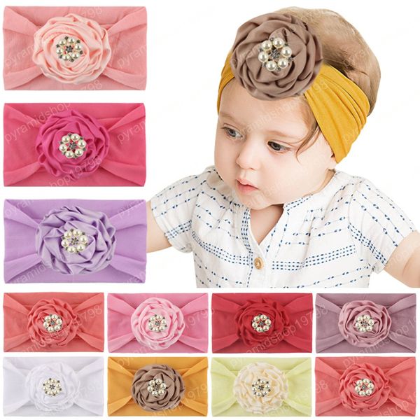 Nova Europa infantil do bebê de pérola headband da flor macia de nylon com alça crianças Ampla Faixa de Cabelo Crianças Headwear cabelo Acessório 10 cores