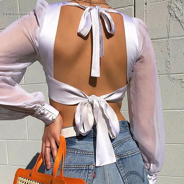 

blouse streetwear long sleeve crop women summer white lace up backless ladies shirt blusas mujer de moda 2019