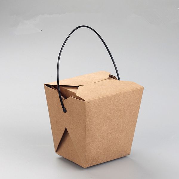 

50pcs disposable kraft paer portable lunch box white card food salad packaging box bbq picnic favor food containers with handle