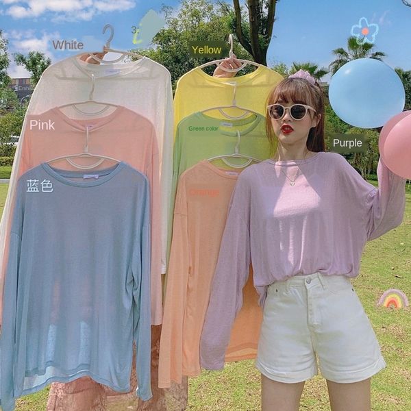 

summer clothes 2020 western color thin sunscreen long sleeve t-shirt women's loose midi bm candy t-shirt candy top, White