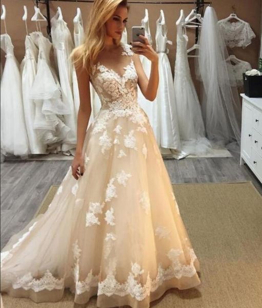 

gorgeous sheer lace wedding dresses light champange tulle applique sweep train custom beach bridal gowns with illusion bodice, White