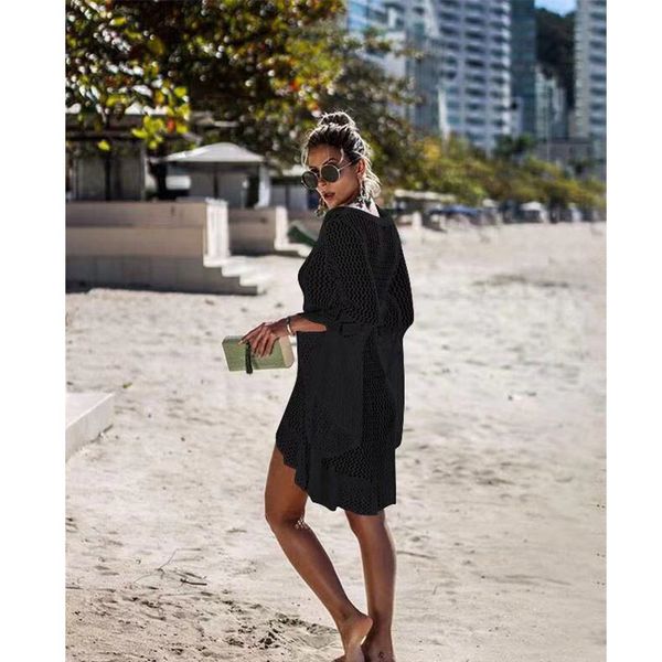 

crochet cover up 2019 hollow beach dress mesh women swimsuit cover ups sunscreen bathing suit vestidos playa beach skirt, Blue;gray