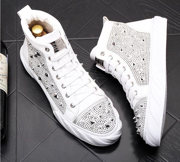 

european luxury shiny rivet men shoes designer sneakers spikes breathable rhinestone high punk men casual shoes ankle boots, Black