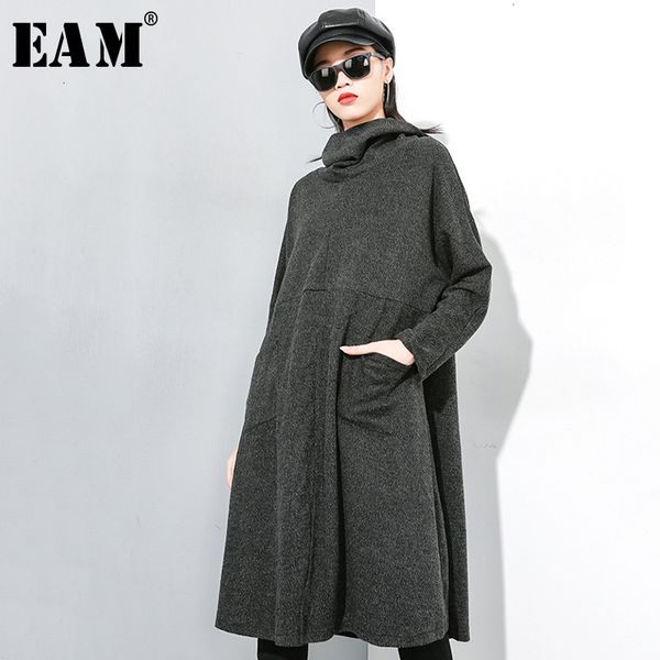 

eam] women gray brief big size pocket dress newturtleneck long sleeve loose fit fashion tide spring autumn 2019 19a-a785, Black;gray