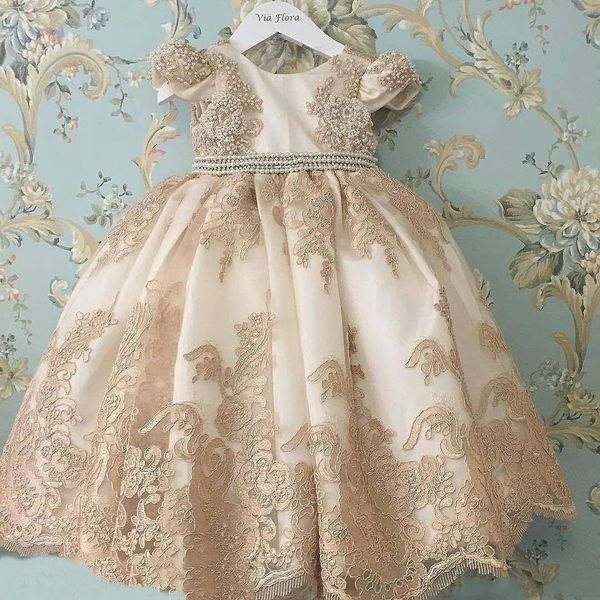 

champagne princess flower girl dresses jewel neck short sleeve lace appliqued 2019 pageant dress little baby gowns for communion boho