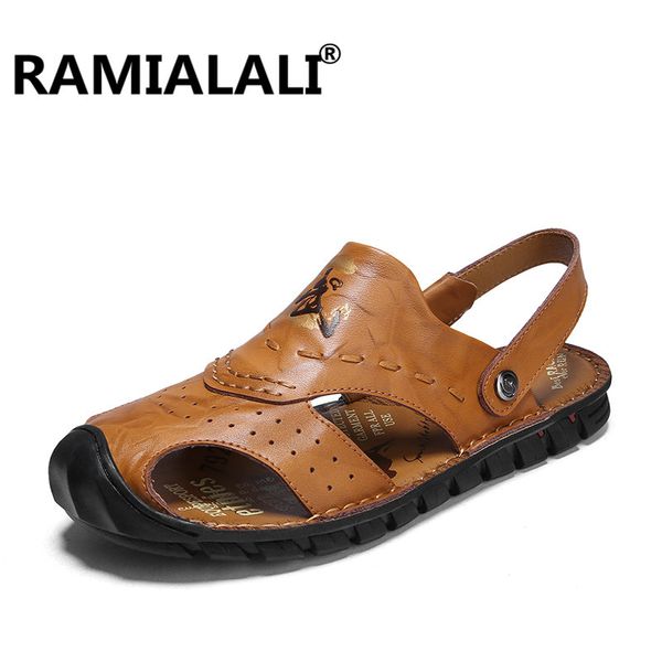 

ramialali man fashion sandals summer men's slippers leather shoes beach sandals casual soft men shoes flip-flops zapatos, Black