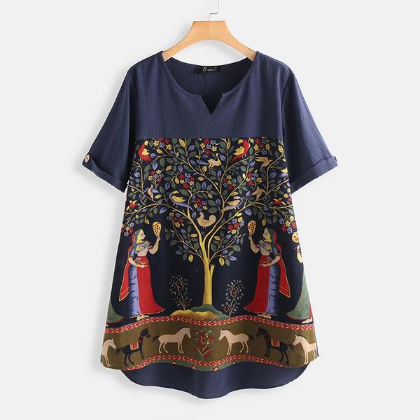 

zanzea summer short sleeve printed blouse women vintage cotton linen shirt casual loose retro blusas femininas tunic female, White