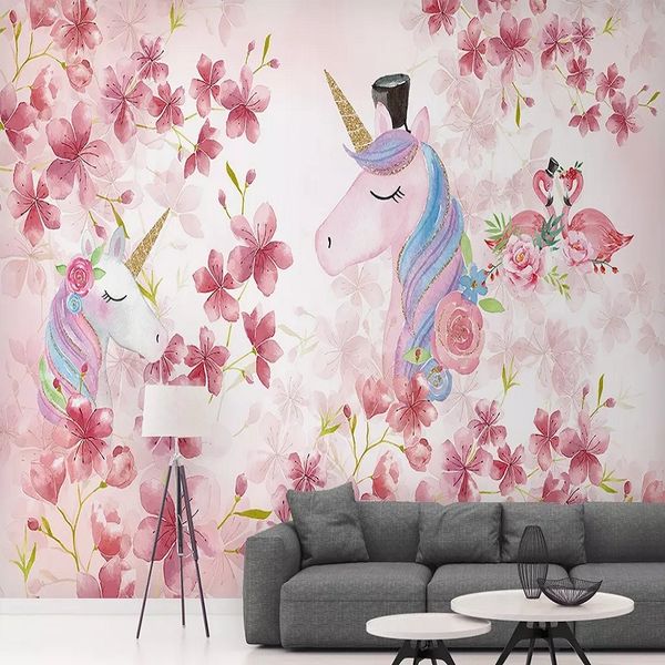 

new custom large mural 3d wallpaper cartoon animal pink unicorn child bedroom mural tv back wall decor deep 5d embossed