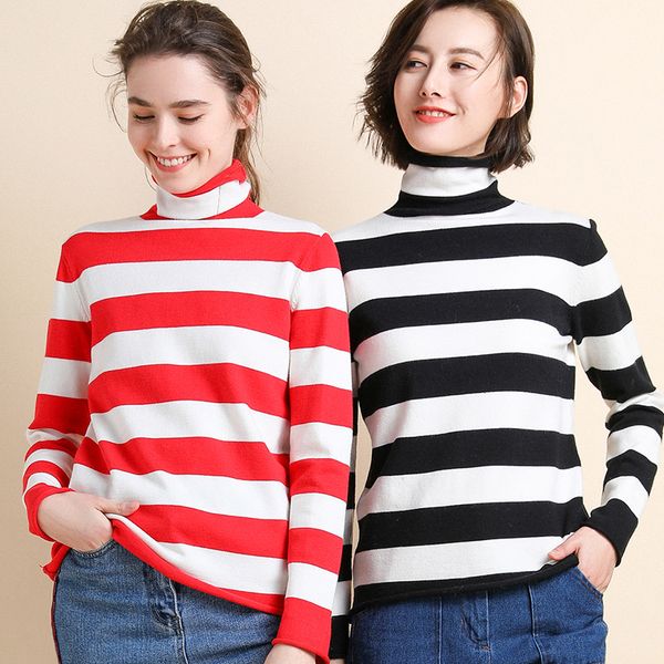 

cute 2019 korean turtleneck sweater knitwear white and black knit sweater women striped jacket new autumn winter women jumpers, White;black