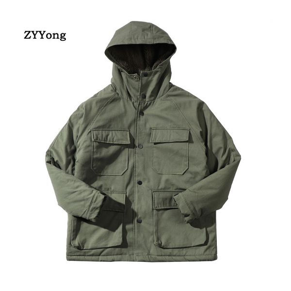 

winter parka jacket men cotton casual tooling windbreak warm thicken padded hooded overcoat solid color fashion outerwear coat, Black