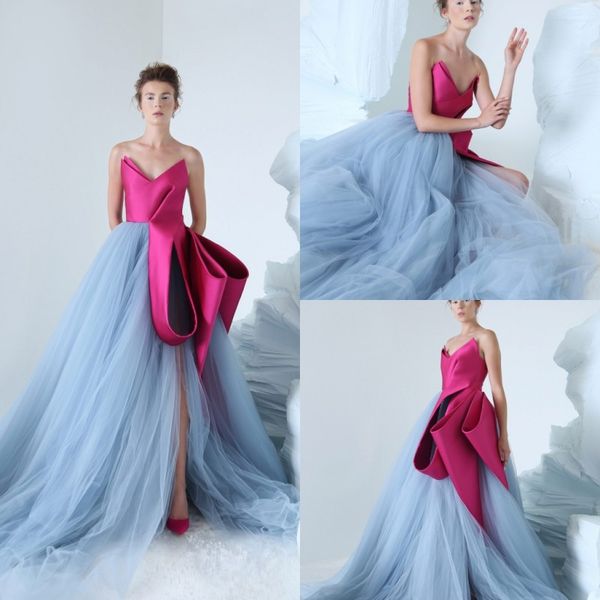 Azzi Osta 2019 Neue seitlich geteilte Ballkleider, herzförmiges Schößchen, langes Promi-Partykleid, Satin, Sweep-Zug, formelles Abendkleid