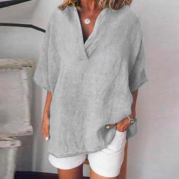 

women's blouses & shirts plus size women short sleeve v neck casual loose ladies cotton blouse blusas mujer de moda 2021, White