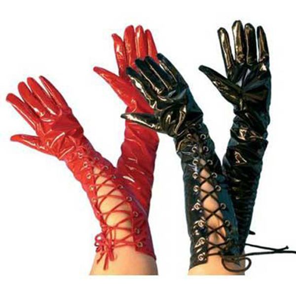 

queen womens fashion lace up elbow gloves faux leather long gloves black red for womens role play, Blue;gray