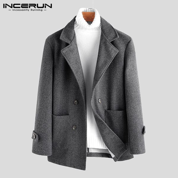 

incerun british elegant men solid double breasted casual wool coats autumn thermal mens comfort suit collar jackets coats 2019, Black