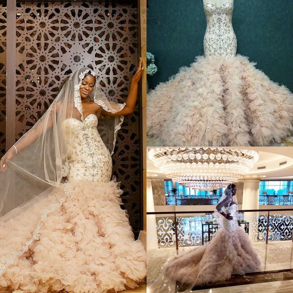 

custom made luxury dubai arabic mermaid wedding dresses plus size beading crystals chapel train ruffles wedding dress bridal gowns, White